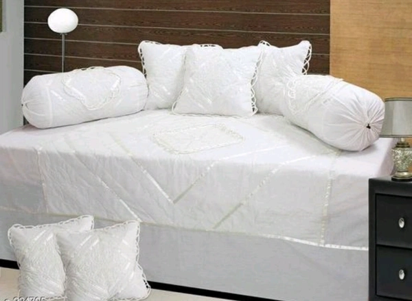 latest  New Design Soft Cotton Embroodiery1 bedsheet 2bolster and 5 Cushion cover   Diwan Set. - Free Size, White, Cotton, Multipack:1